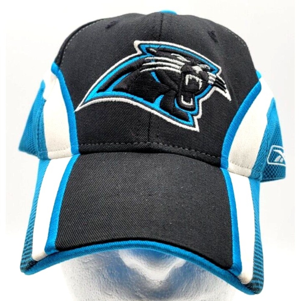 CAROLINA PANTHERS HAT CAP ADJUSTABLE REEBOK MENS BLACK BLUE WHITE PANTHER LOGO